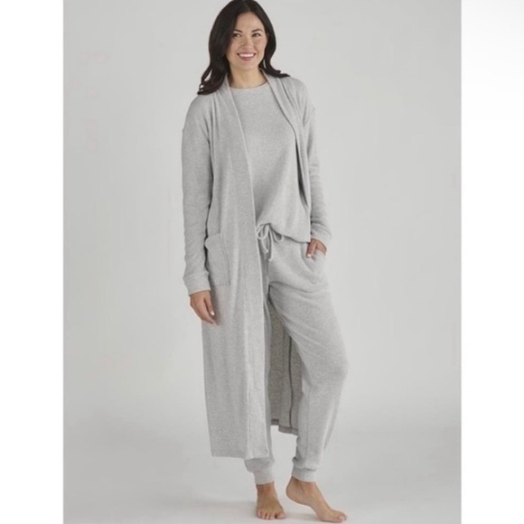 Hammacher Schlemmer Gray Ribbed Long Duster Robe Cardigan Medium Cozy Soft Plush - Picture 1 of 6